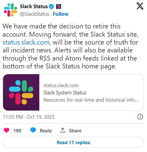 Slack удалила свою статусную учётную запись (SlackStatus) в соцсети X